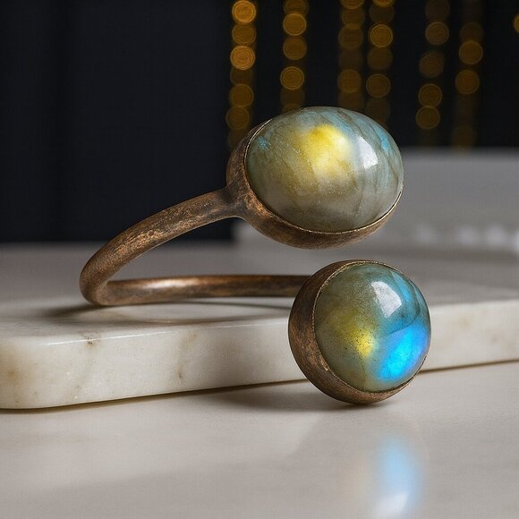 Boho Vintage Labradorite Ring Adjustable Open Wrap Handmade Copper Finishβ - Picture 1 of 11